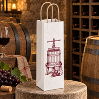 Sac cadeau pour vin en papier kraft à impression frontale motif ligne artistique 'Presse à raisins', pour une bouteille, avec poignées torsadées - Blanc