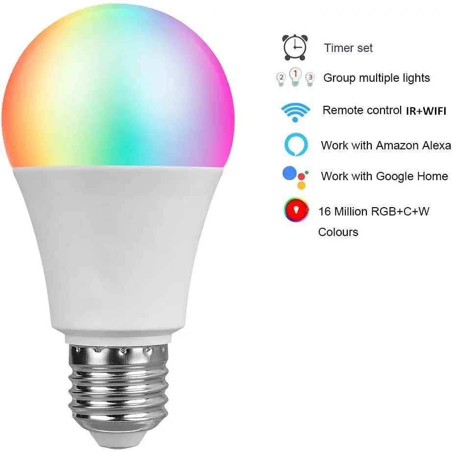 Smart WiFi LED Light Bulb 9W, Dimmable Multicolor Bulb E27, IR control wireless smart wifi bulb for lighting works with alexa