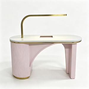 Table à ongles rose cannelée avec lampe LED, 3 tiroirs de rangement, bureau de manucure, poste de travail de luxe pour salon de beauté et spa - Product Image 5
