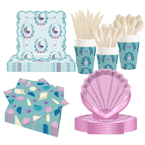 Assiettes, gobelets et serviettes jetables en papier, thème coquillage bleu et violet clair, pour fêtes d'anniversaire DAMAI - Product Image 1