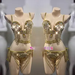 ชุดบราเสื้อชั้นในประดับเพชรสีทอง,โมเดลเต้นรำท้องเสื้อผ้า Samba เสื้อผ้าเทศกาลดนตรีเครื่องแต่งกายเซ็กซี่
