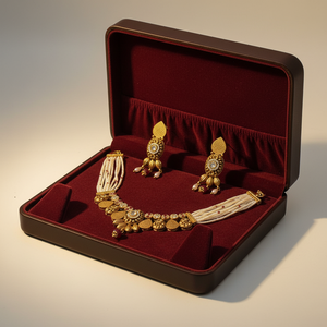 Conjunto de Collar de Perlas Plateadas Tradicionales con Diseño de Hojas Doradas y Piedras Rosas, Pendientes a Juego, Joyería Étnica Antigua - Product Image 4