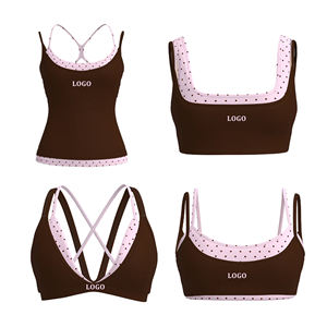 Breathable Double Layer Brown Spaghetti Crisscross Strap Sports Bra With Polka Dot Trim Medium Support Compression Activewear - Product Image 5