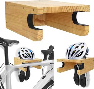 Support mural pour vélo en bois avec étagère et crochets pour la maison, support de rangement horizontal pour vélo intérieur pour économiser de l'espace dans le garage - Product Image 1