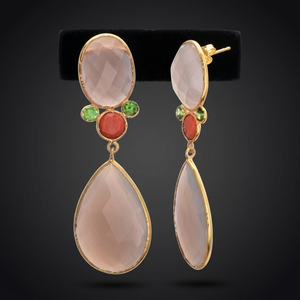 Nouveauté - Boucles d'oreilles pendantes ovales en argent sterling 925 plaqué or 14 carats avec calcédoine grise et orange et pierres en zircone cubique verte - Unisexe - Product Image 3
