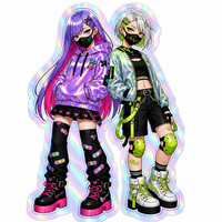 Stiker Anime Cyberpunk Kustom Tahan Air Holografik Die Cut Perekat Sendiri Cetak Karakter untuk Botol Air Jurnal