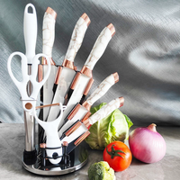 Vente directe d'usine, couteau de haute qualité en acier inoxydable avec manche en plastique, ensemble de 9 couteaux, base de couteau pivotante en or rose, ambidextre