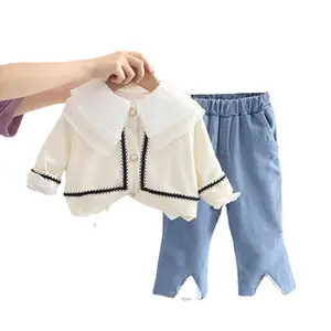2022 winter new girls clothing kids long sleeve shirt + pretty coat + flare jean pan 3 pcs set children wear wholesale