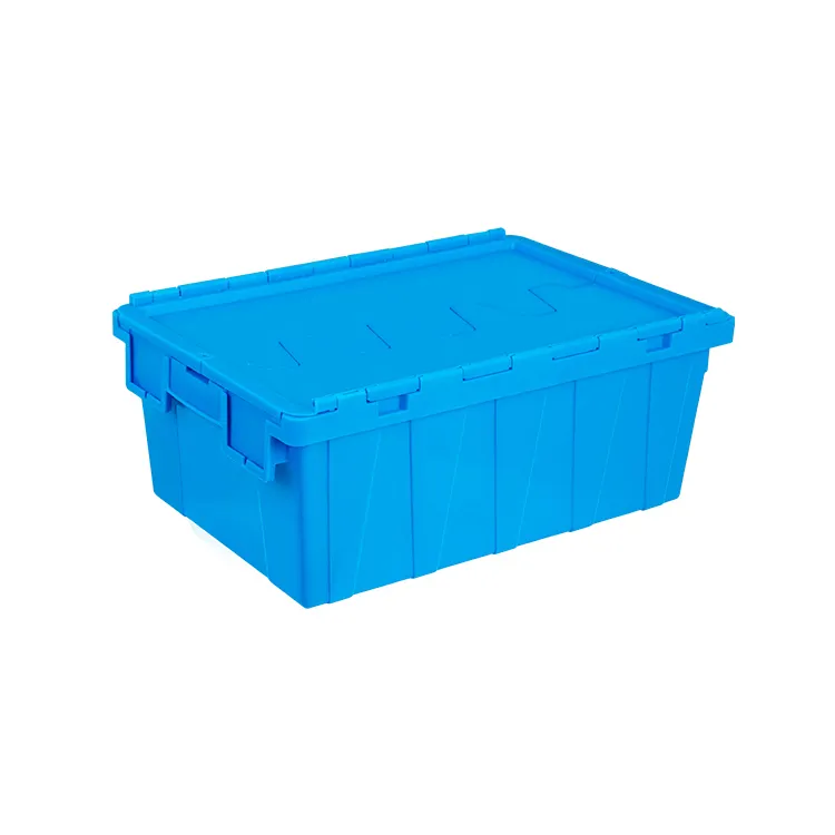 Moving Crate Attached Lid Container Plastic Storage Transport Box Foldable Stackable