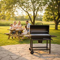 Barbecue fumoir autoportant de style coréen en acier au carbone avec étagères latérales et roues, grande capacité
