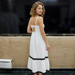 <b>White</b> Spaghetti Strap Slim Woven Cotton Lining Midi <b>Dress</b> A-Line Casual Summer Linen <b>Dress</b> - Product Image 3
