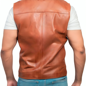 Chaleco de Cuero Genuino Marrón para Hombre |   Chaleco Clásico para Motociclistas |   Chaleco Ajustado - Product Image 4
