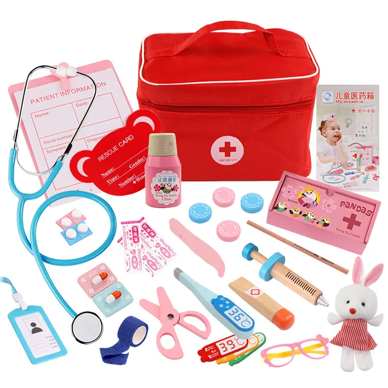 Kit de brinquedos para crianças, conjunto de brinquedos de madeira para crianças, meninos e meninas, bolsas de pano para médico de dentista