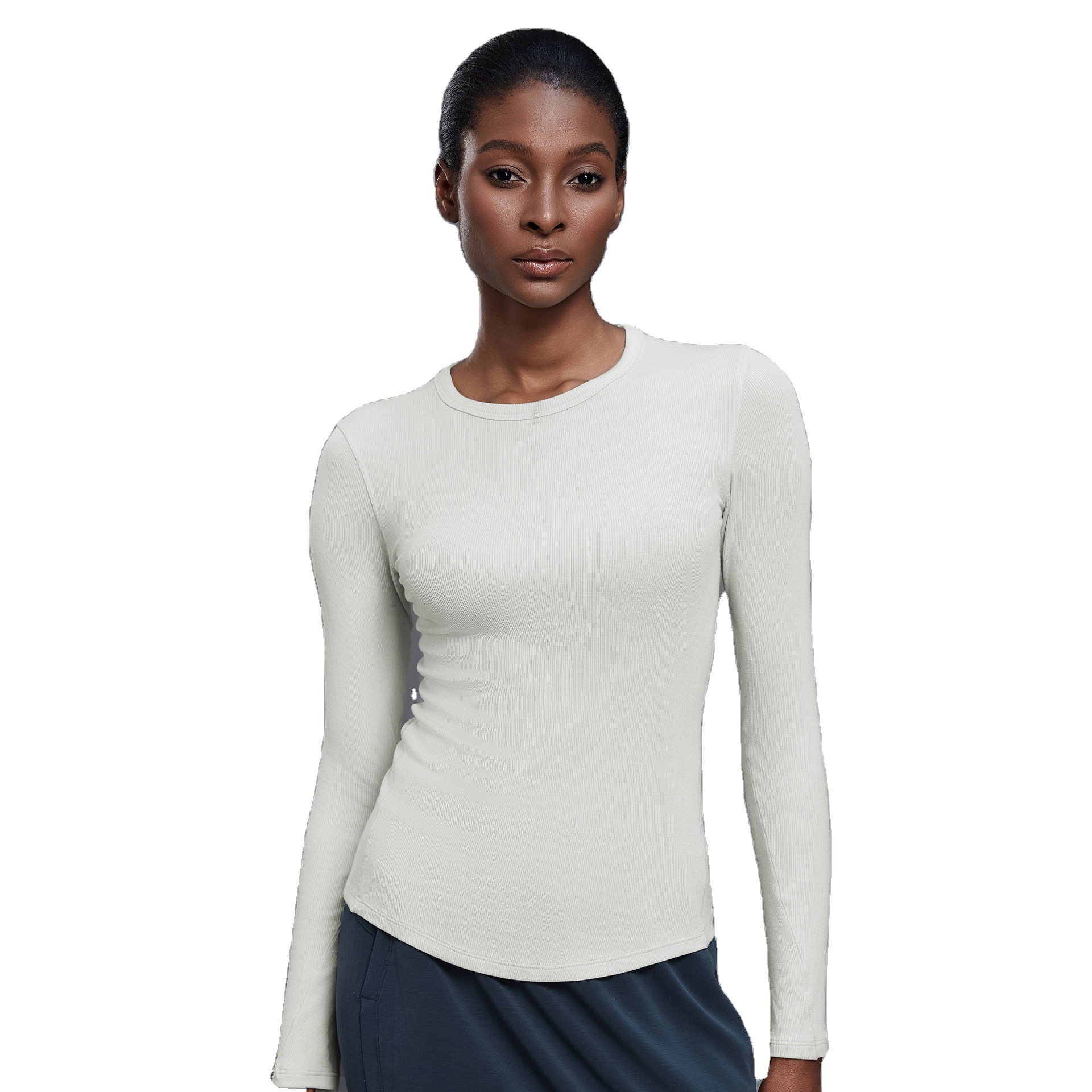D25145 Women's Long-Sleeved Sports T-Shirt Hot Selling High Elasticity Shaping Yoga Top Vertical Stripes Ribbed Front Logo TOP