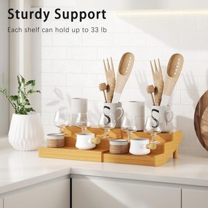 Bamboo Expandable Spice Rack Multi Layer <b>Desktop</b> Storage <b>Shelf</b> With Adjustable Design For Kitchen Cabinet Organization - Product Image 3