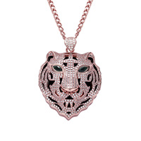 Collier pendentif tête de tigre Hip Hop pour homme, serti de CZ et d'agate, bijou du zodiaque Année du Tigre