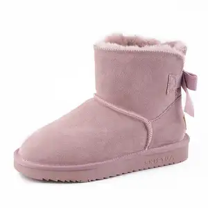 Pabrik Fashion Wanita Sepatu Bot Salju Musim Dingin Wanita Kulit Domba Sepatu Domba Wol Sepatu Bulu dengan Ikatan Simpul