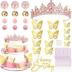 Décoration de gâteau Couronne Dorée en Gros avec Fleurs Bleues et Boules Dorées pour Fête Princesse Royale, Baby Shower, 1er Anniversaire Personnalisé - Product Image 1