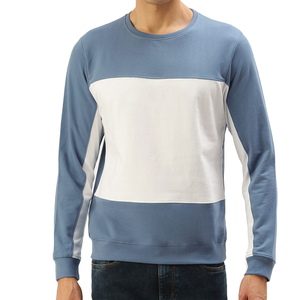 <b>Men</b> Lined 100% Cotton Color Block Sweatshirt Long Sleeve Crew Neck <b>Pullover</b> Knitted Casual Wear Autumn Blue White Regular Fit - Product Image 1