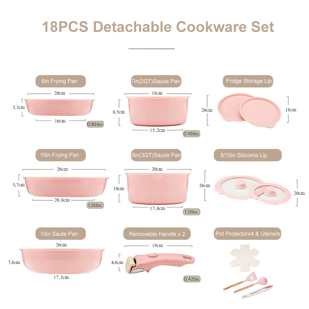 Removable Handle 18-piece set - pink [ceramic coating]