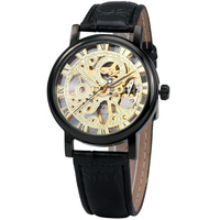 Winner Nouveau design Montre-bracelet pour hommes Cadran creux Bracelet en cuir Boîtier en alliage Montres mécaniques automatiques