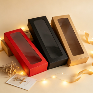 Caja de Regalo de Papel Larga Multicolor con Ventana Transparente de PVC, Caja de Embalaje Kraft Roja y Negra con Logotipo Personalizado para Guardar Espejos de Maquillaje y Bolígrafos - Product Image 6