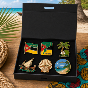 Lot de pin's en émail personnalisés du Mozambique, avec drapeau rouge et vert, canoë en noix de coco, pin's de revers, souvenirs touristiques, badges coquillages, coffret cadeau - Product Image 1