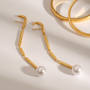 Elegant Women <b>Earrings</b> <b>Fashion</b> Jewelry Stainless Steel Long <b>Drop</b> Pearl <b>Earrings</b> for Wedding Party Banquet - Product Image 3