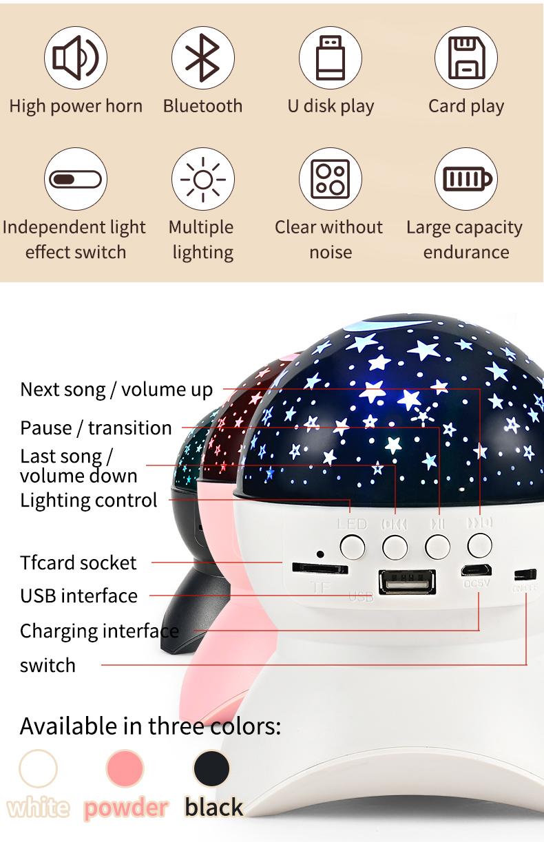 Bluetooth speakers star light USBprojection romantic small night light LED all over the sky star rotating music atmosphere light