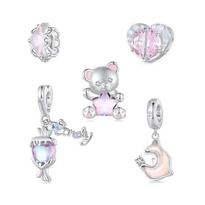 925 Sterling Pink perak gaun hati manis pesona permen indah manik-manik beruang cocok gelang asli untuk wanita muda hadiah DIY