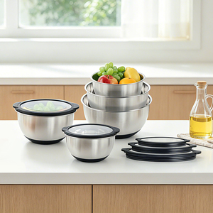 Ensemble de saladiers en acier inoxydable avec couvercles, fond en silicone antidérapant, bols de mélange pour la cuisine, la pâtisserie et le stockage des aliments - Product Image 1