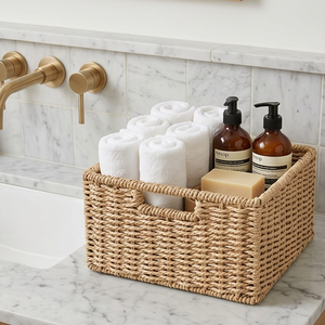 Natural Woven Pantry Storage <b>Basket</b> for Kitchen, <b>Square</b> Wicker Countertop Organizer Bin for Root Vegetables and Fruits - Product Image 3