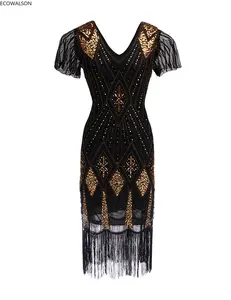 Women Flapper costume V Neck Fringe Sequined 1920s Vintage Gatsby Dress Roaring 20s Tassel Art Deco Dress for Prom Party