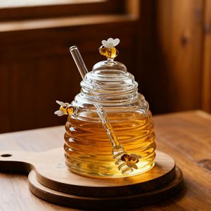 Tarro de miel decorativo para el hogar, nuevo diseño transparente, tarro de almacenamiento de vidrio con tapa de vidrio y barra - Product Image 3