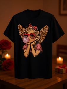 T-shirt da uomo per San Valentino, nera, girocollo, con stampa di Cupido, manica corta, casual, vestibilità regolare, in jersey. - Product Image 2