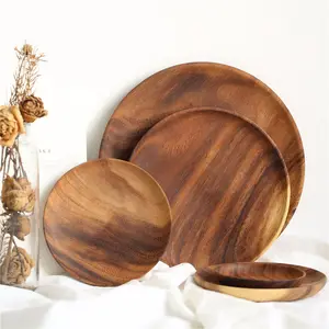 Wholesale Natural Acacia Wood Plate Dishes Custom Logo Antique Wood Plates For Kitchenware