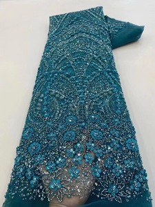 <span class=keywords><strong>Tulle</strong></span> <span class=keywords><strong>bleu</strong></span> africain NI.AI avec perles et paillettes, tissu brodé en dentelle pour robe de mariée - Product Image 4