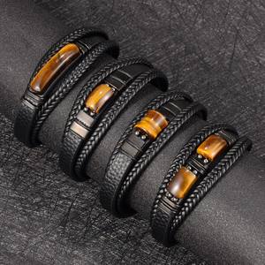 MIENTER <strong>Leather</strong> Bracelet Fashion Luxury Stainless Steel Tiger Eye Bracelets - Product Image 2