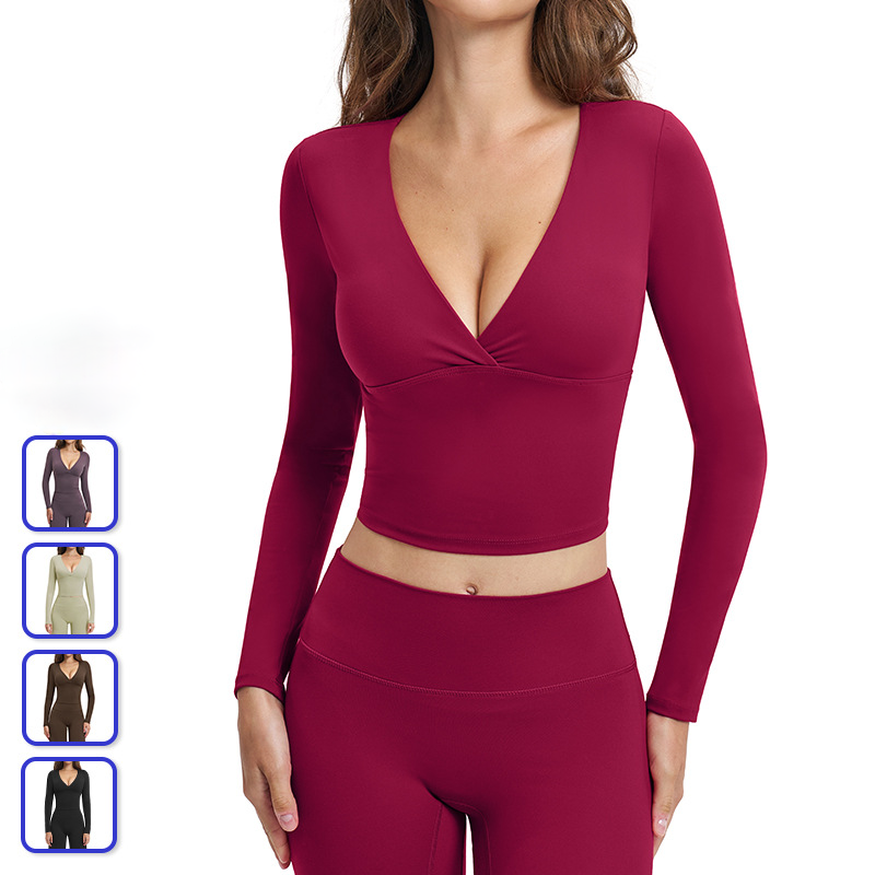 Women's Long Sleeve Yoga Crop Top Deep V Neck Cross Front Workout Shirt High Stretch Athletic Base Layer for Gym Fitness Running