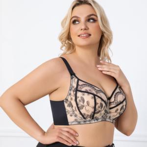 Reggiseno in Pizzo Plus Size Personalizzato, Sexy con Scollo Profondo a V, Push-up, Ricamo Floreale Nero e <span class=keywords><strong>Nude</strong></span>, Stile Europeo, Comodo con Ferretto - Product Image 4