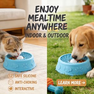 Gamelle sphérique antidérapante en silicone avec balle roulante intégrée, motif floral pour chiens et chats - Distributeur de liquides et de friandises, mangeoire lente - Product Image 3