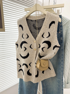 Chaleco de punto sin mangas con cuello en V y botones para mujer, estampado curvo, suelto, para otoño e invierno, ropa exterior para superponer, venta al por mayor - Product Image 3