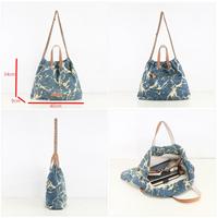 Sac fourre-tout décontracté en jean pour femme, avec poignées en cuir, chaîne en cuivre bronze, cordon de serrage et effet marbré délavé, vente en gros