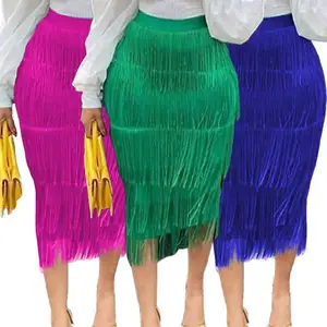 Wholesale Custom Solid Office Ladies Skirts High Waist Stretch Tassel Womens Skirts Sexy Midi Fringe Skirt 2023