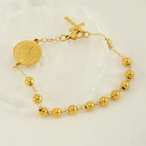 Pulseira de corrente de contas de aço inoxidável para oração da Virgem Maria, joia religiosa, pingente de cruz católica