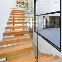 Escalier flottant en bois massif avec éclairage LED, moderne, intérieur, en acier et marbre, avec garde-corps en verre droit, pour villa, taille personnalisée