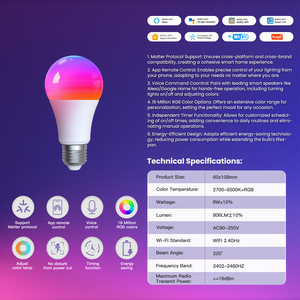 Ampoule intelligente E27 RGB Matter Wifi Tuya <span class=keywords><strong>Alexa</strong></span> Google Home, commande vocale, gradation, changement de couleur pour la maison, la fête, la chambre à coucher, interrupteur - Product Image 6