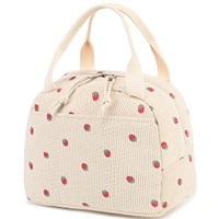 Nouveau sac à déjeuner en velours côtelé motif fraise pour femme, grande capacité, sac isotherme portable pour étudiants, voyages et pique-niques printaniers