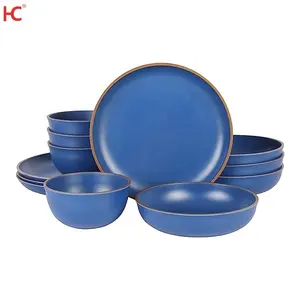 High Quality round Blue Melamine Bowl and Plate Set Unbreakable and Glossy for Home Parties Gold Trim Plastic Dish