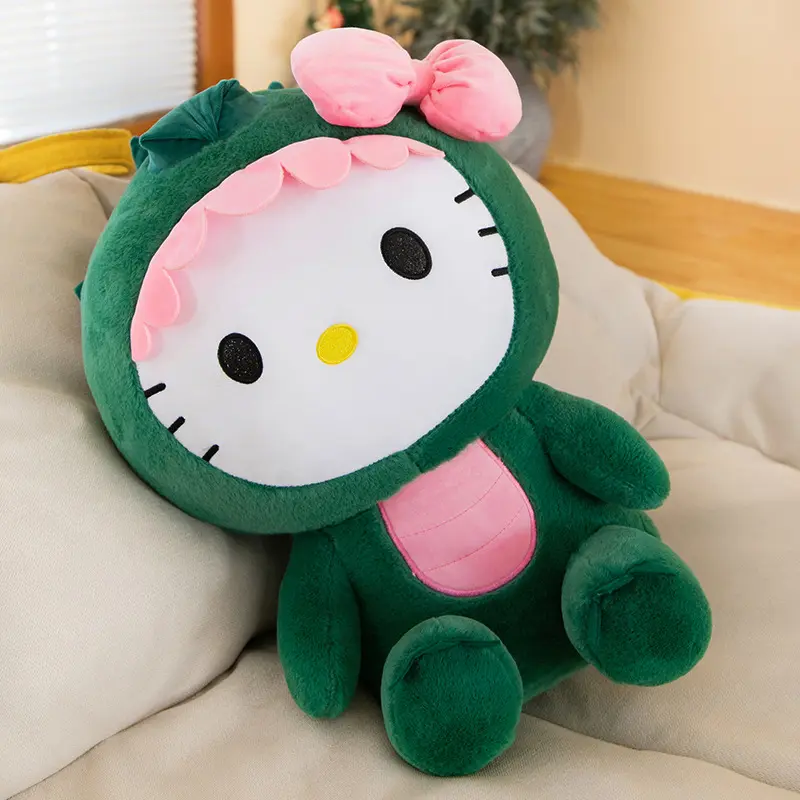Kualitas tinggi hijau dinosaurus lucu HK KT Kitty kucing ukuran besar boneka mainan mewah hijau HK boneka mainan binatang lemparan panjang bantal